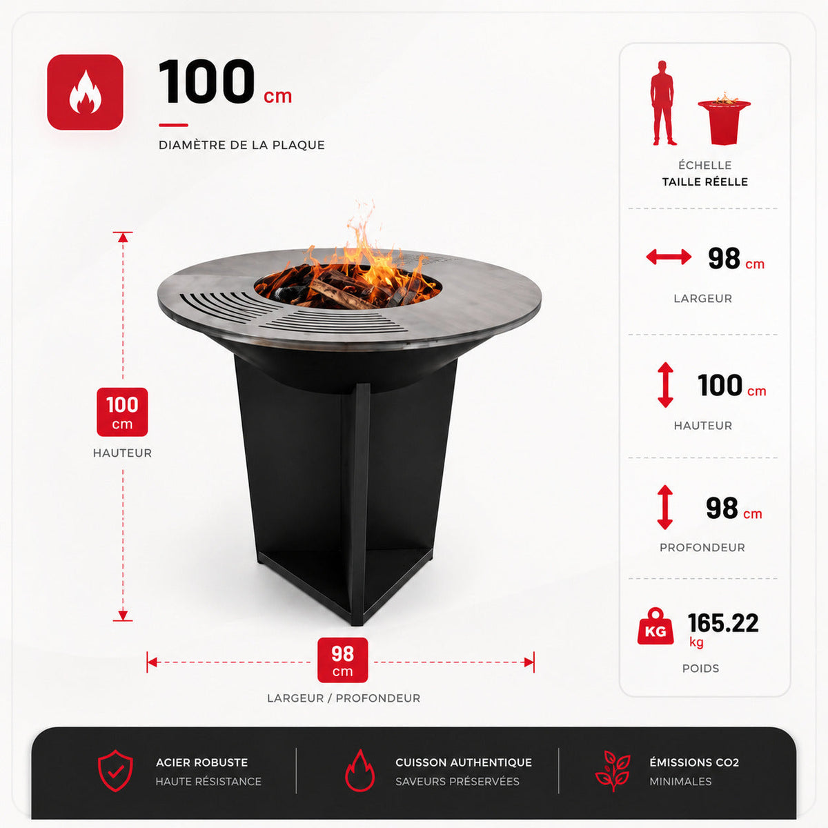Brasero Barbecue REVO Bilbao – Acier 100 cm – Plaque circulaire – Rangement à bois intégré