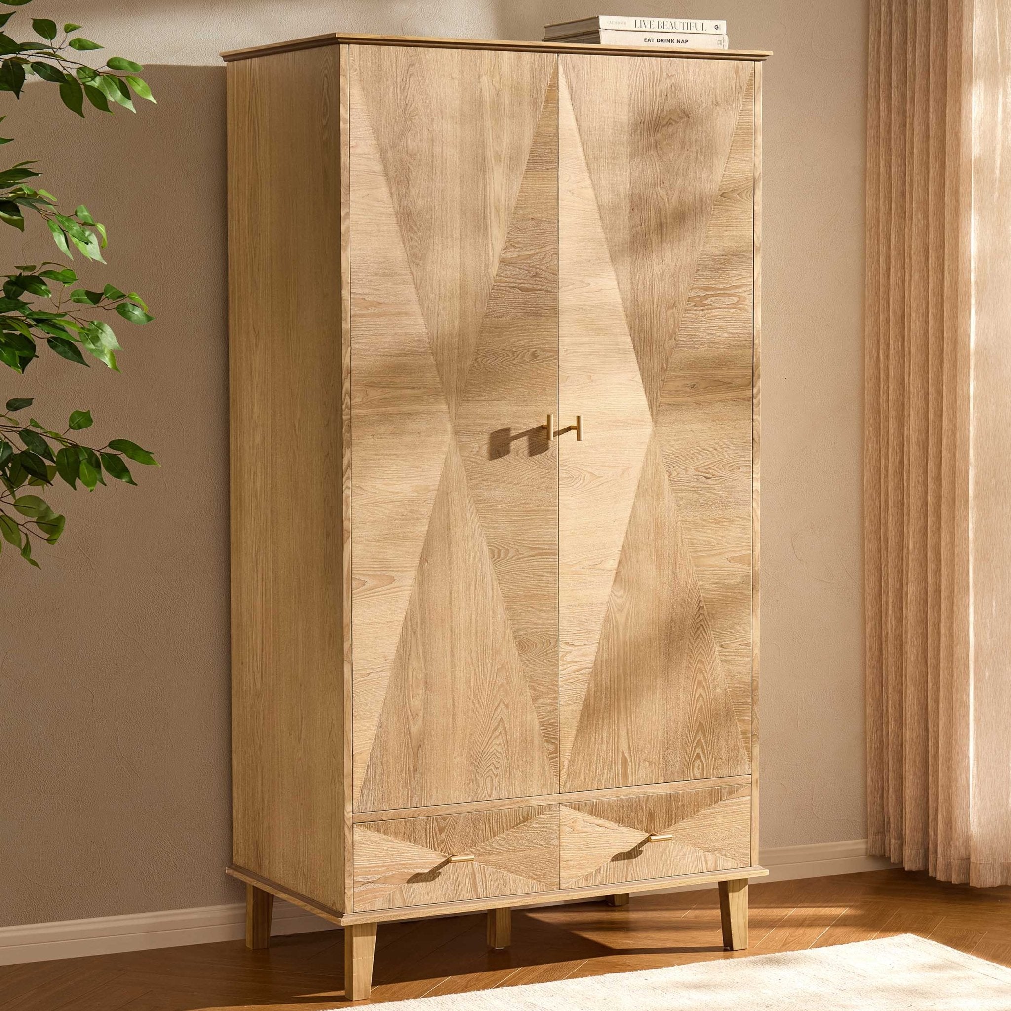 Dusklia - Brianna Concave 2 Door Wardrobe with Drawers - Light Wood