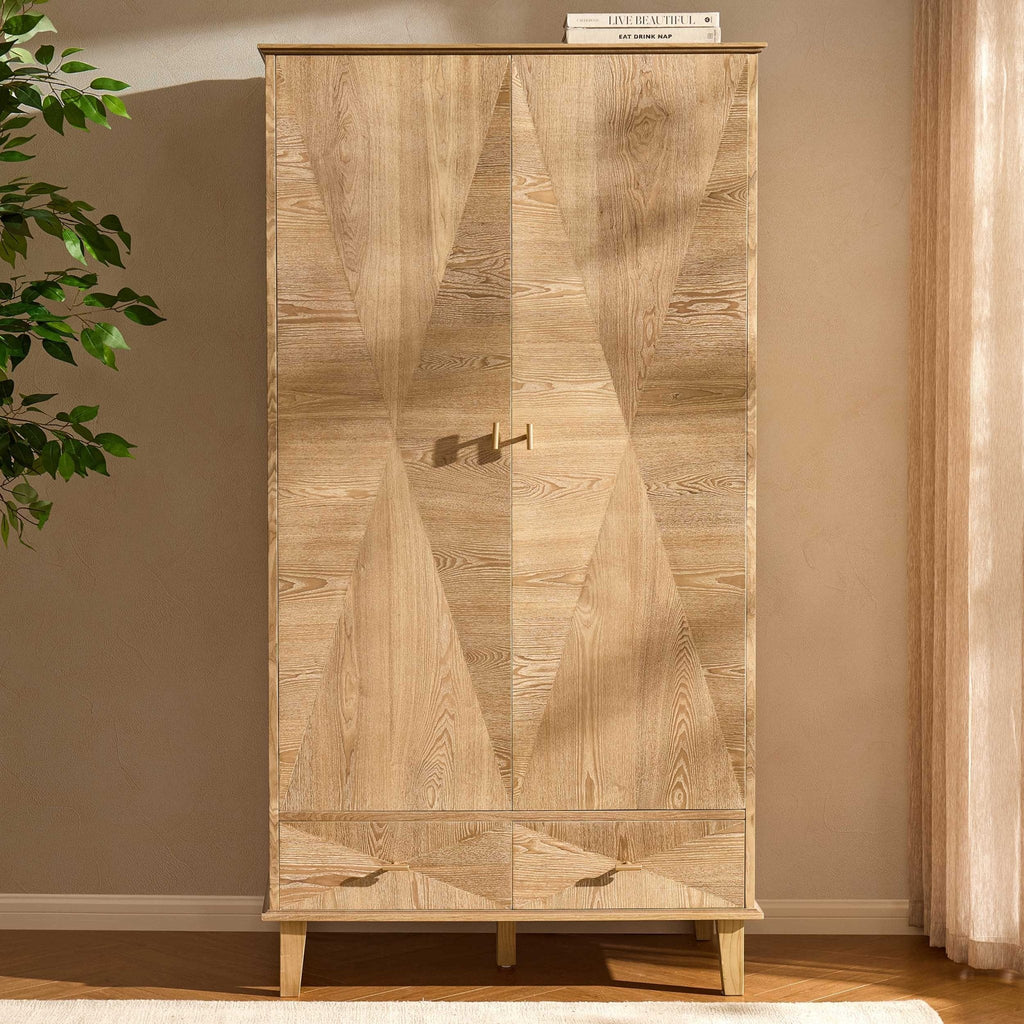 Dusklia - Brianna Concave 2 Door Wardrobe with Drawers - Light Wood