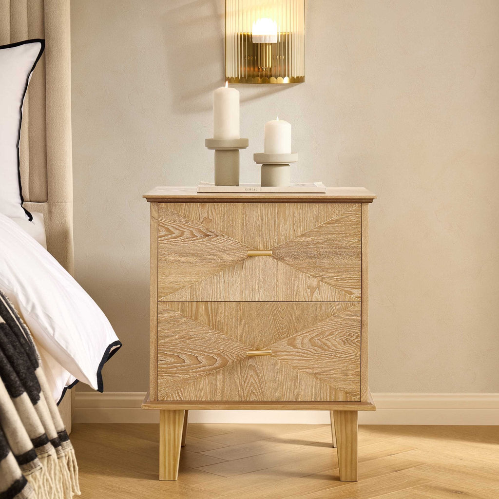 Dusklia - Brianna Concave 2 Drawer Bedside Table - Light Wood