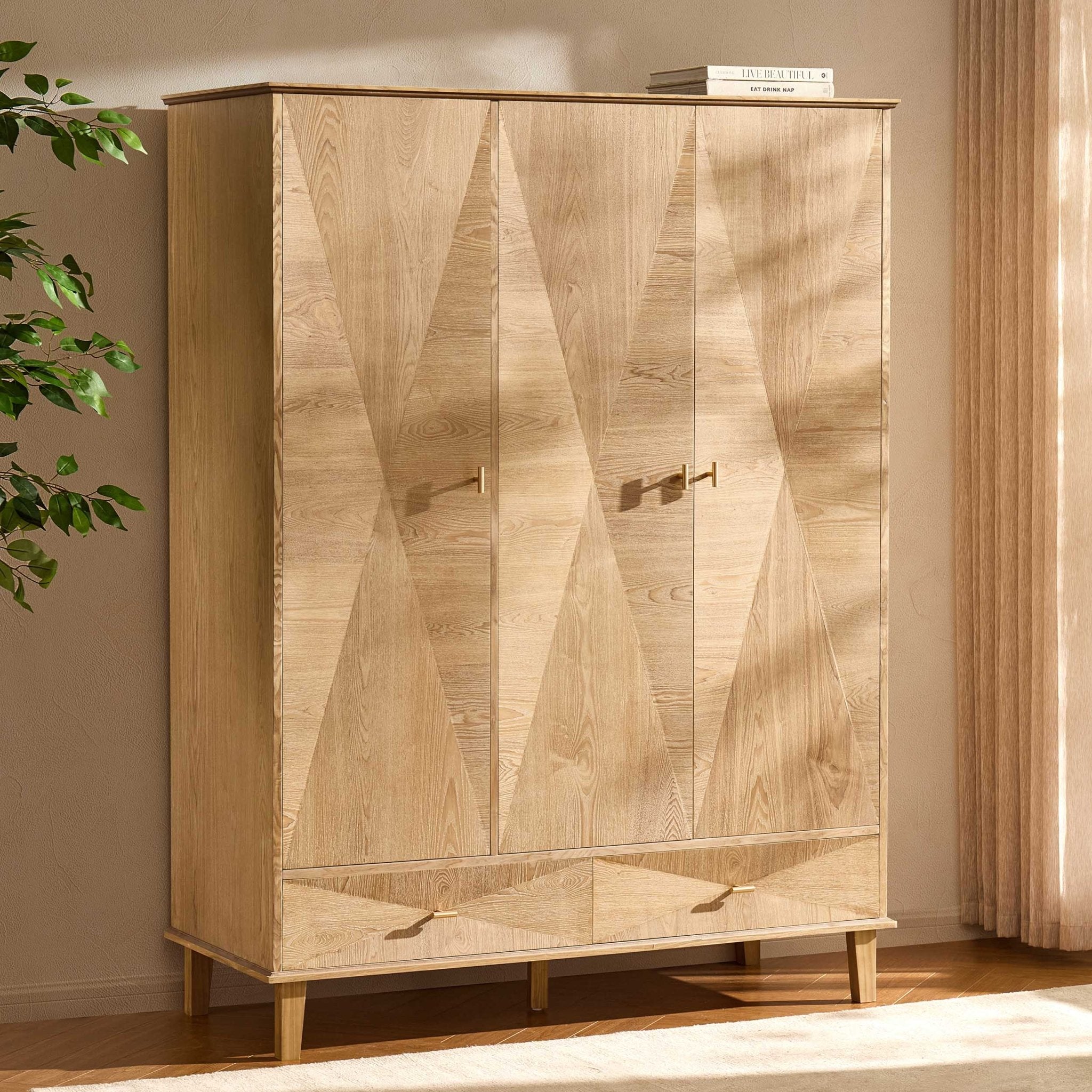 Dusklia - Brianna Concave 3 Door Wardrobe with Drawers - Light Wood