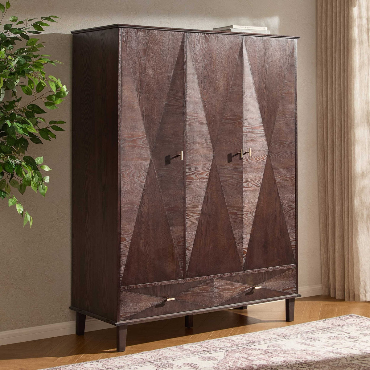 Dusklia - Brianna Concave 3 Door Wardrobe with Drawers - Walnut