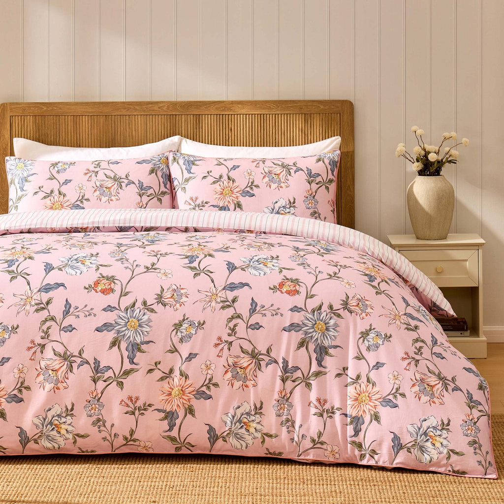 Dusklia - Celeste 300 Thread Count 100% Cotton Floral Duvet Cover & Pillowcase Set - Pink