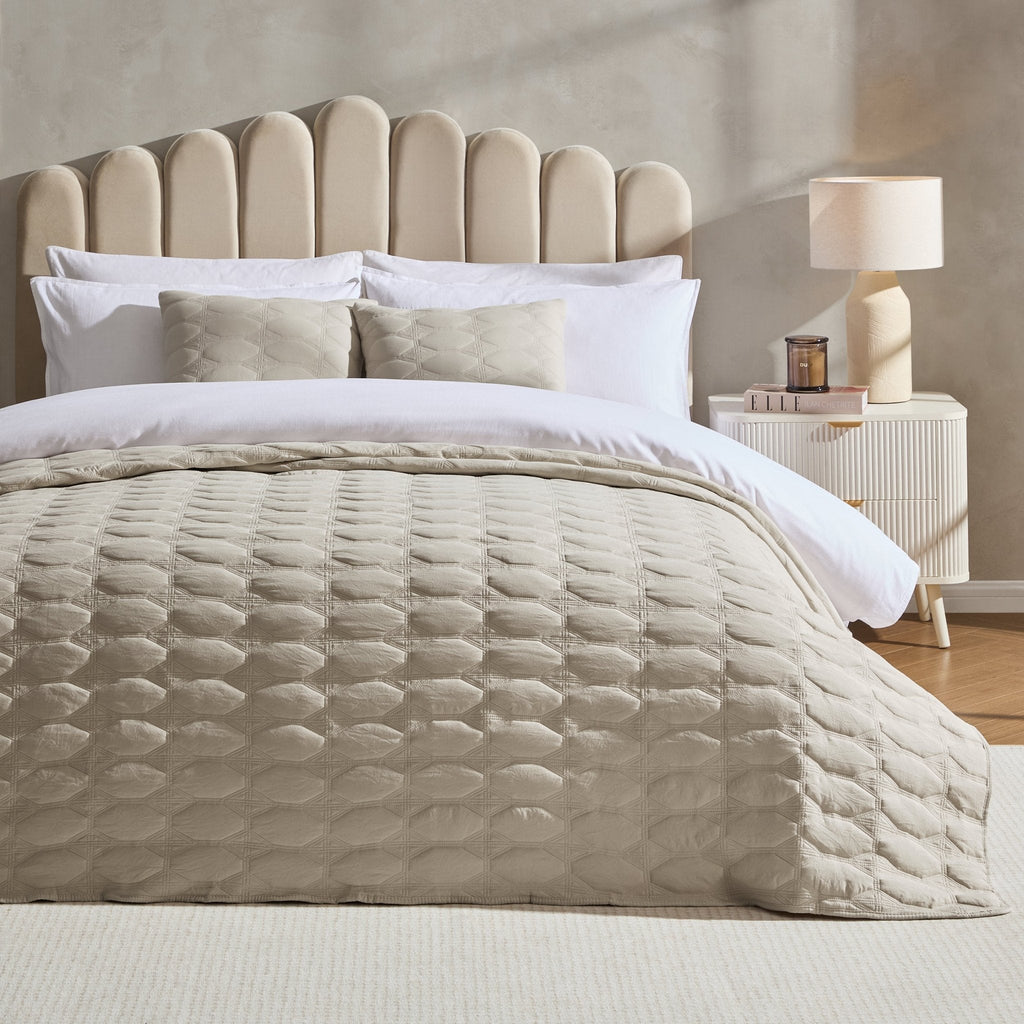 Dusklia - Charlotte Geometric Embroidered Bedspread 2.5m x 2.6m - Natural