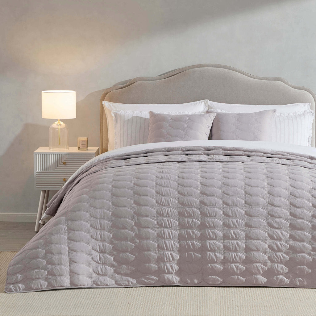 Dusklia - Charlotte Geometric Embroidered Bedspread 2.5m x 2.6m - Pebble Grey