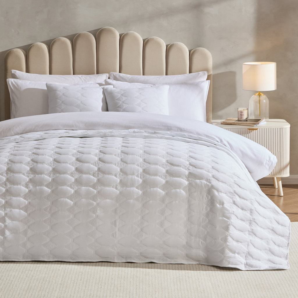 Dusklia - Charlotte Geometric Embroidered Bedspread 2.5m x 2.6m - White