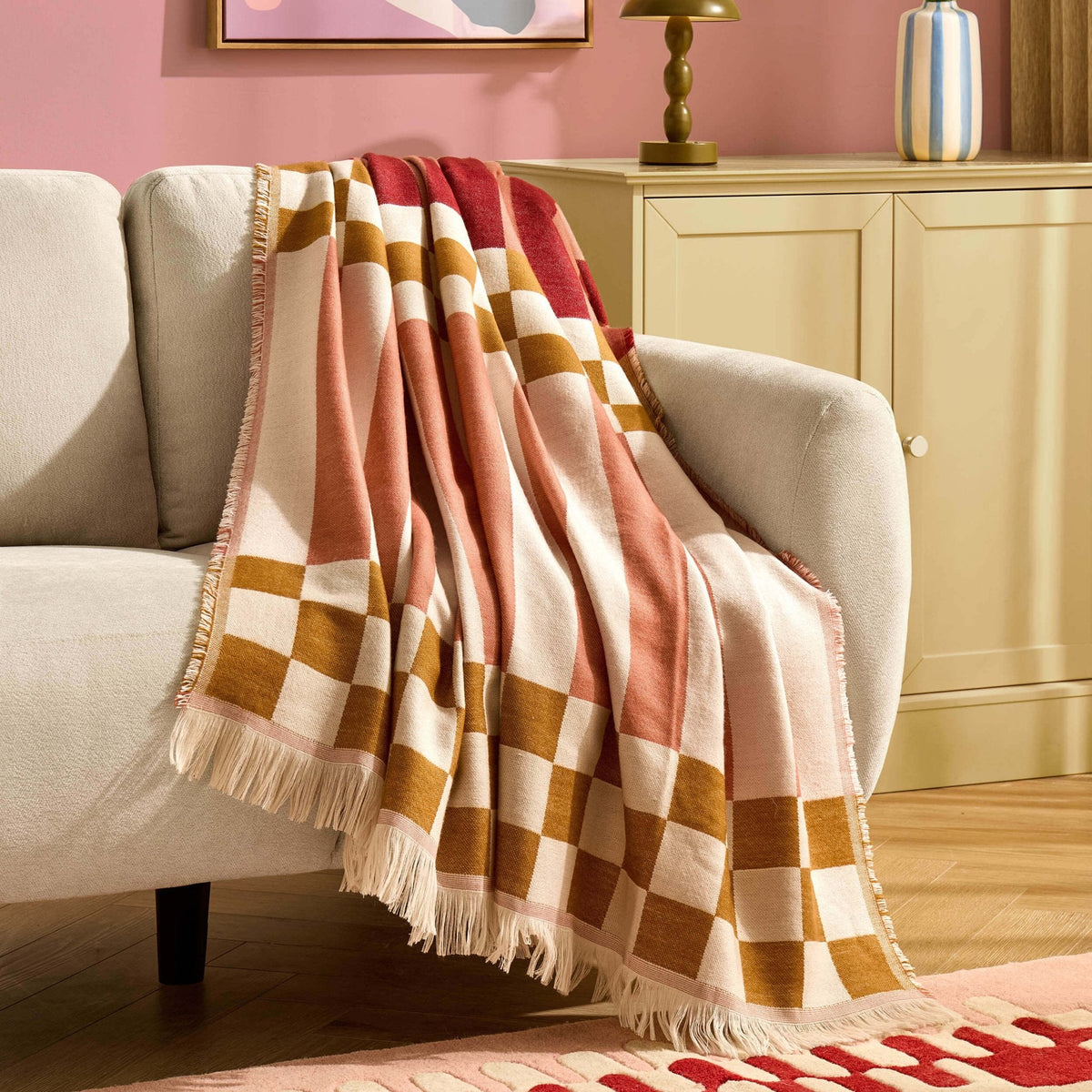 Dusklia - Checkerboard Sofa Throw - Pink/ Yellow
