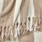 Dusklia - Chenille Stripe Tassel Herringbone Sofa Throw - Oatmeal/White