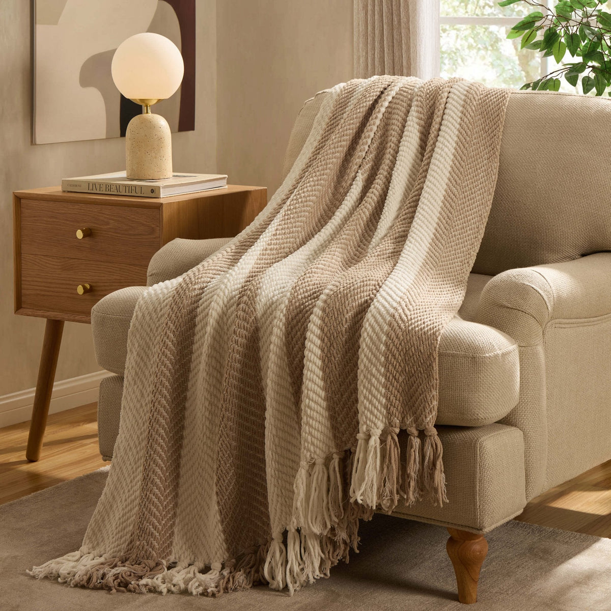 Dusklia - Chenille Stripe Tassel Herringbone Sofa Throw - Oatmeal/White