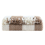 Dusklia - Chenille Stripe Tassel Herringbone Throw - Oatmeal/White