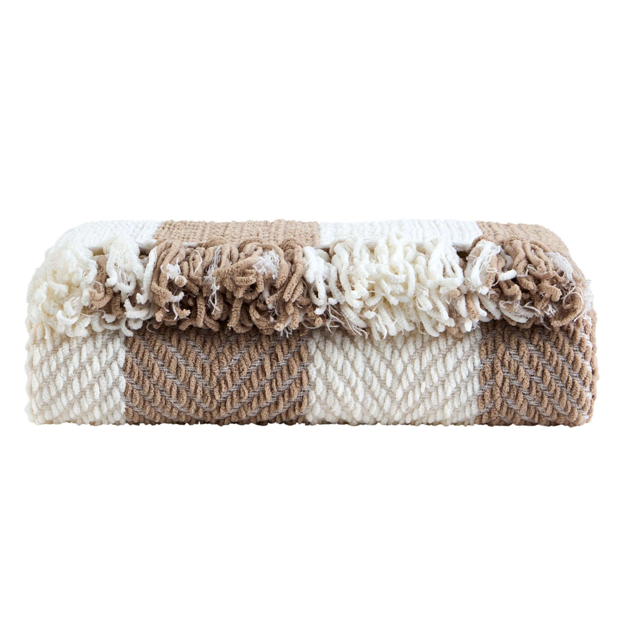 Dusklia - Chenille Stripe Tassel Herringbone Throw - Oatmeal/White