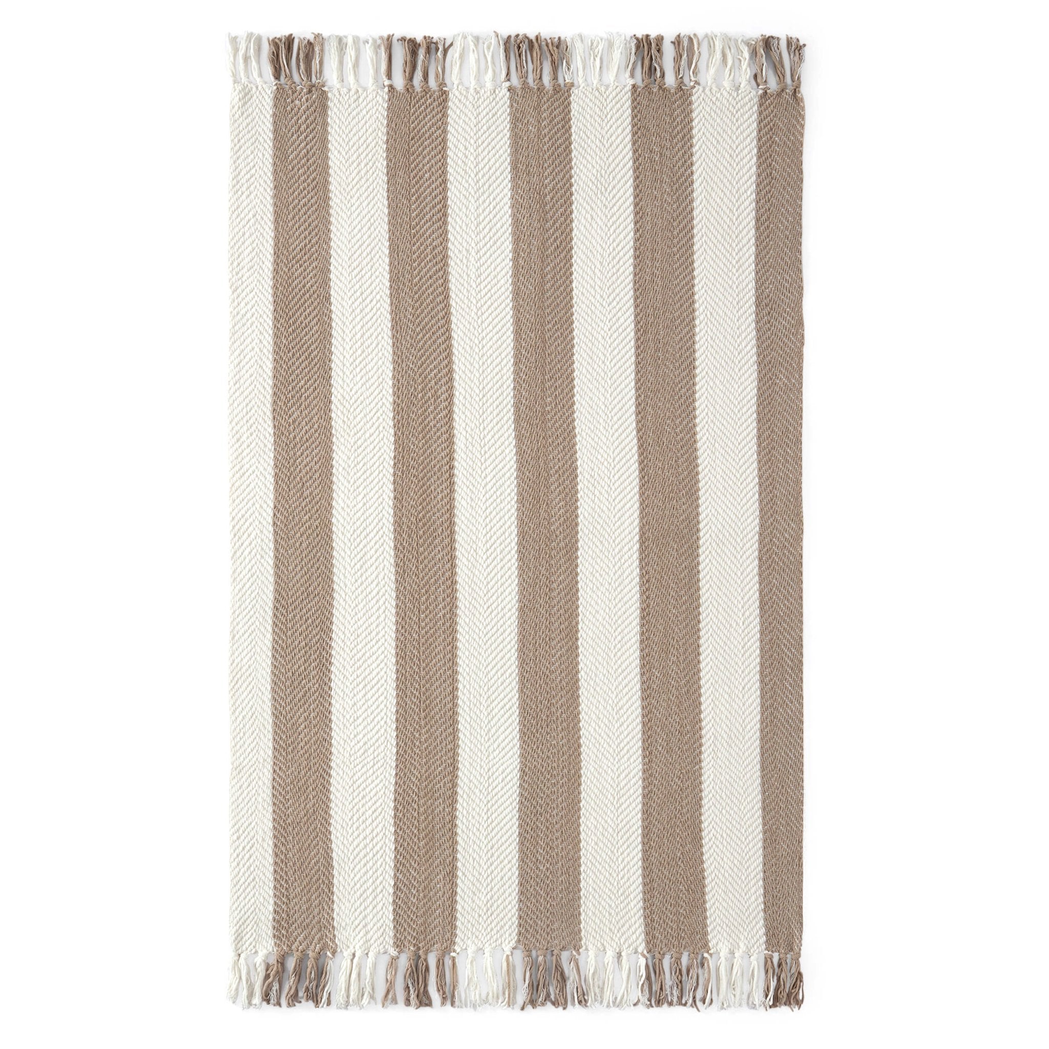 Dusklia - Chenille Stripe Tassel Herringbone Throw - Oatmeal/White