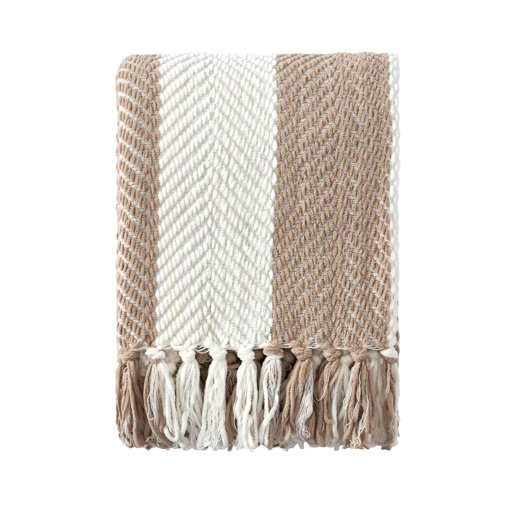 Dusklia - Chenille Stripe Tassel Herringbone Throw - Oatmeal/White