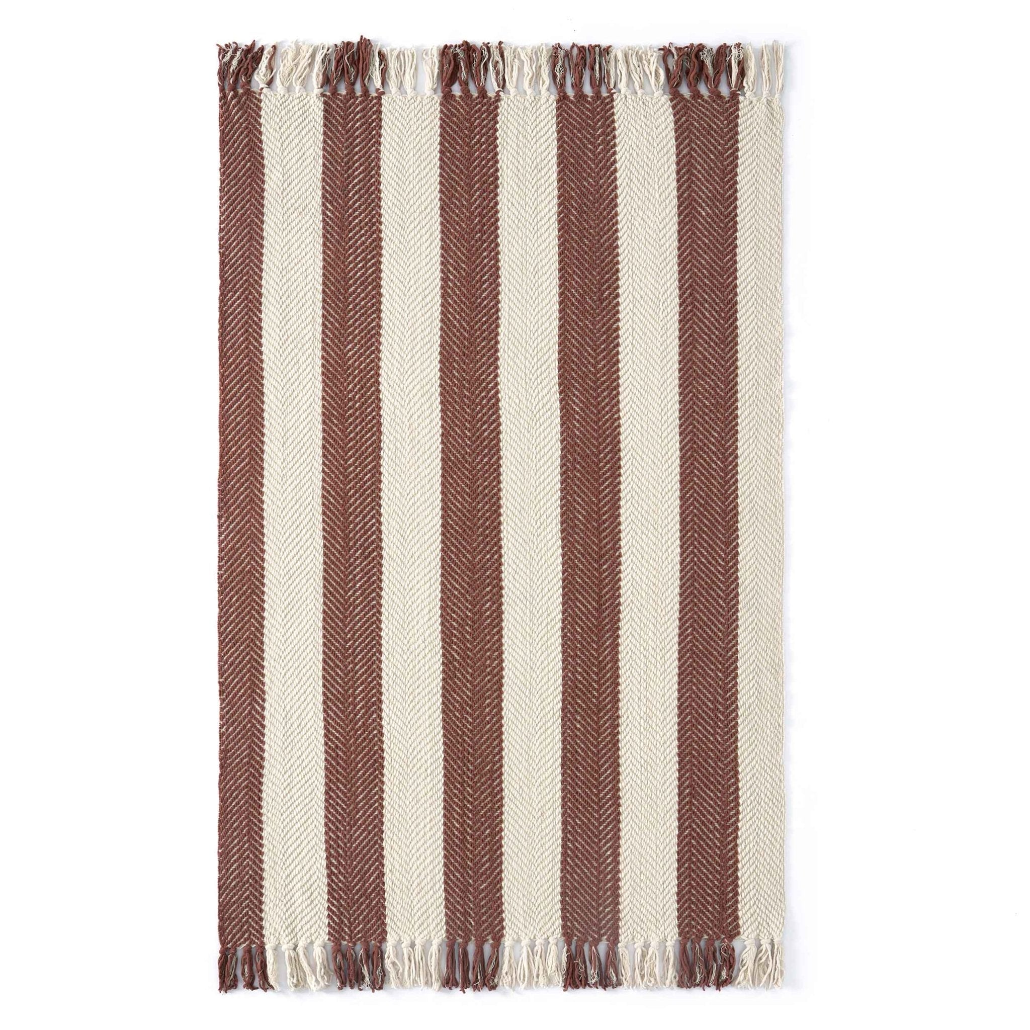Dusklia - Chenille Stripe Tassel Herringbone Throw - Rust/Cream