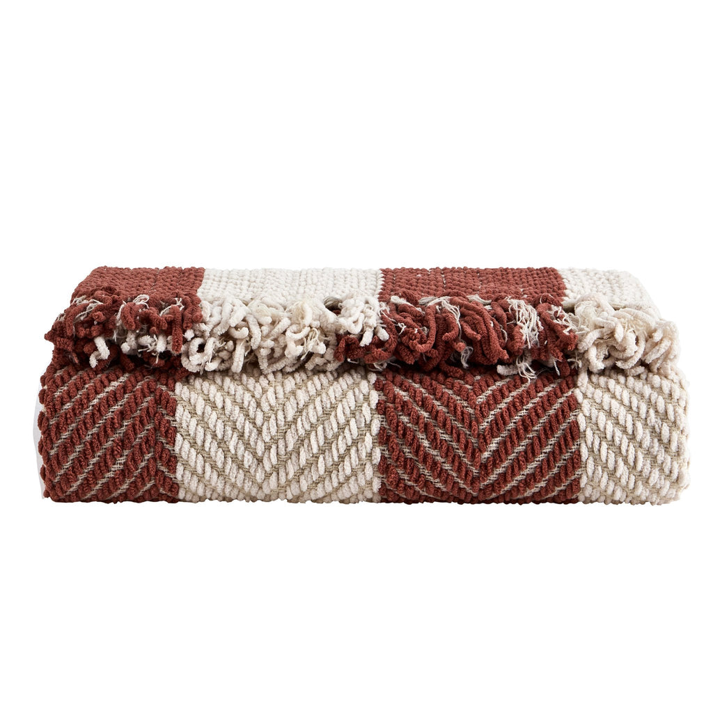 Dusklia - Chenille Stripe Tassel Herringbone Sofa Throw - Rust/Cream