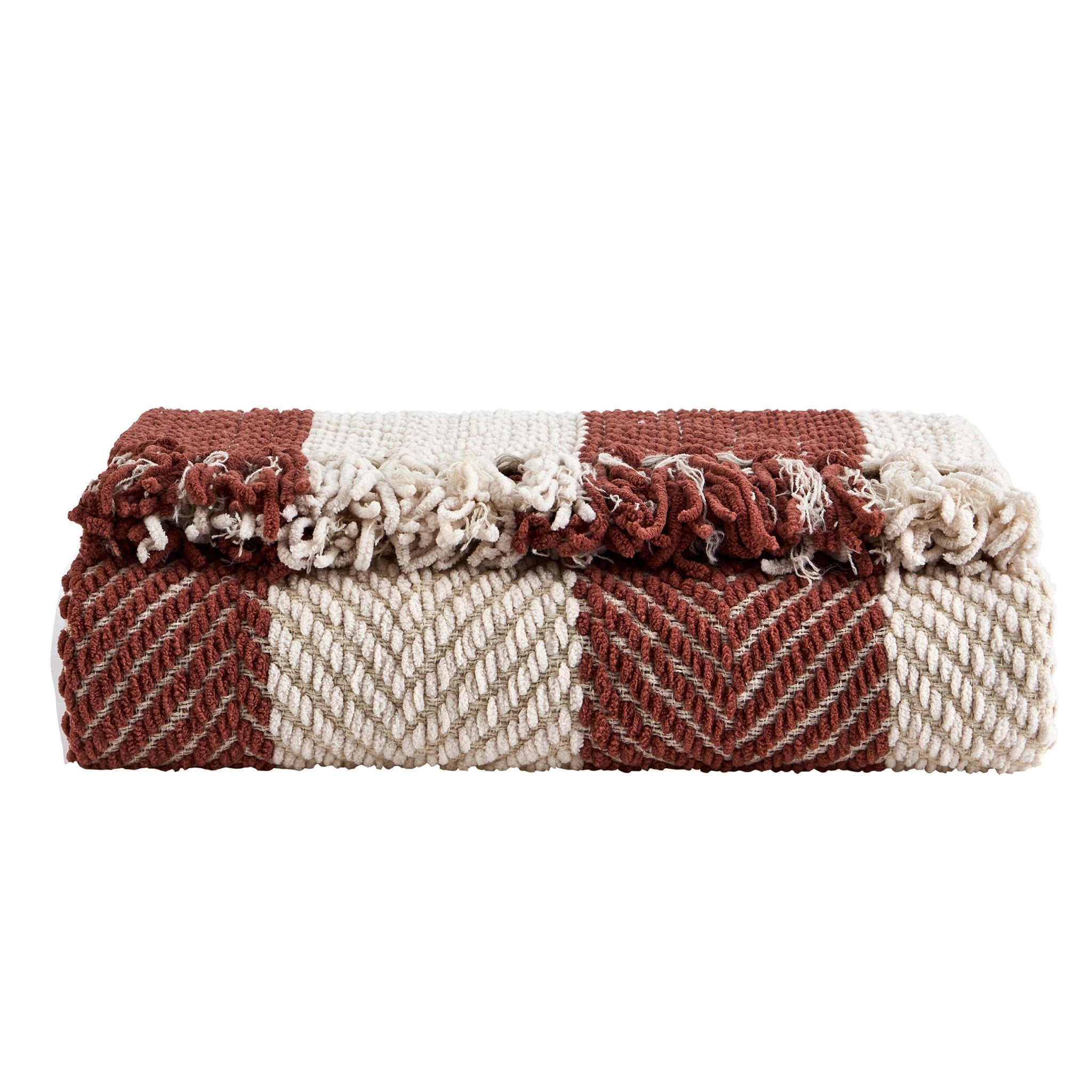 Dusklia - Chenille Stripe Tassel Herringbone Sofa Throw - Rust/Cream