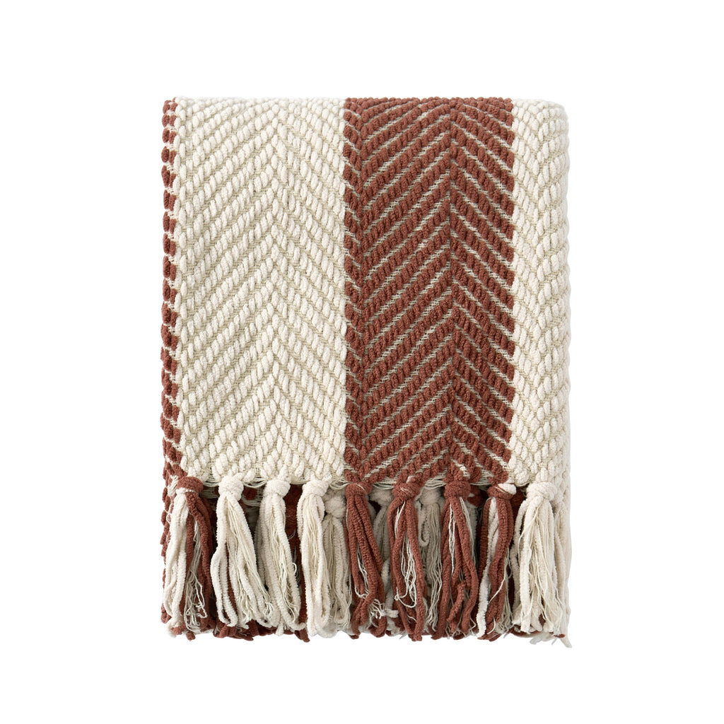 Dusklia - Chenille Stripe Tassel Herringbone Sofa Throw - Rust/Cream