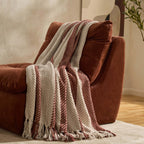 Dusklia - Chenille Stripe Tassel Herringbone Sofa Throw - Rust/Cream