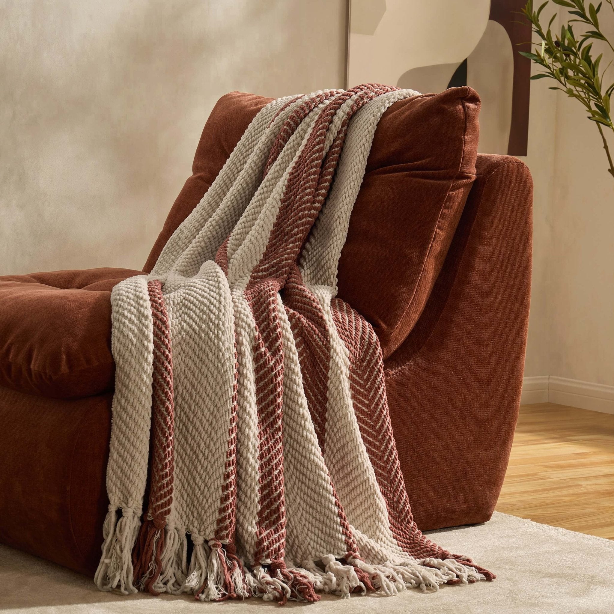 Dusklia - Chenille Stripe Tassel Herringbone Sofa Throw - Rust/Cream