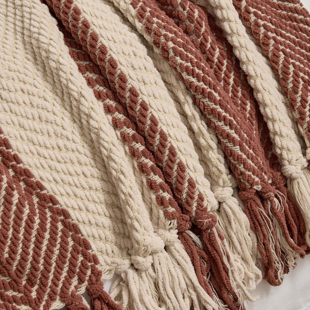 Dusklia - Chenille Stripe Tassel Herringbone Throw - Rust/Cream