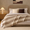 Dusklia - Chenille Stripe Tassel Herringbone Throw - Oatmeal/White