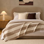 Dusklia - Chenille Stripe Tassel Herringbone Throw - Oatmeal/White