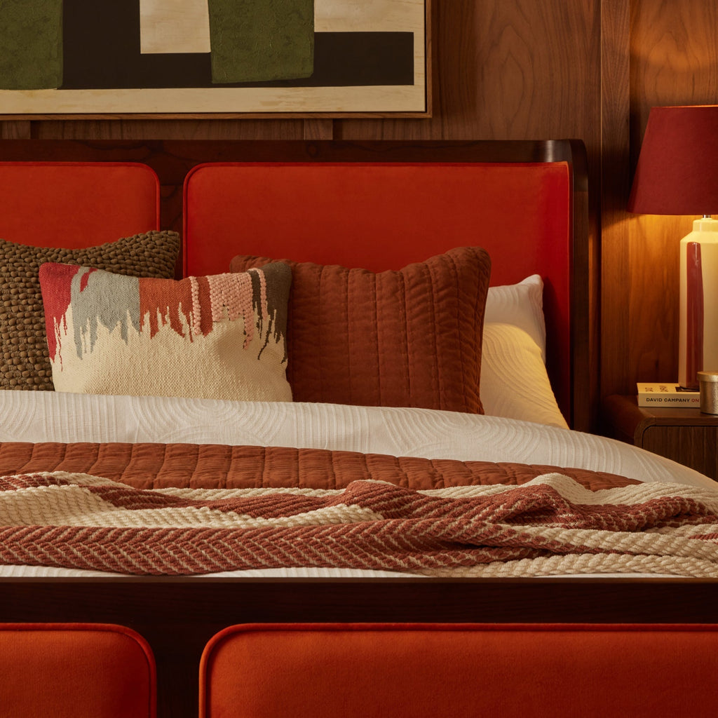 Dusklia - Chenille Stripe Tassel Herringbone Throw - Rust/Cream