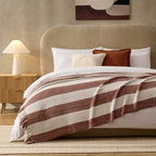 Dusklia - Chenille Stripe Tassel Herringbone Throw - Rust/Cream