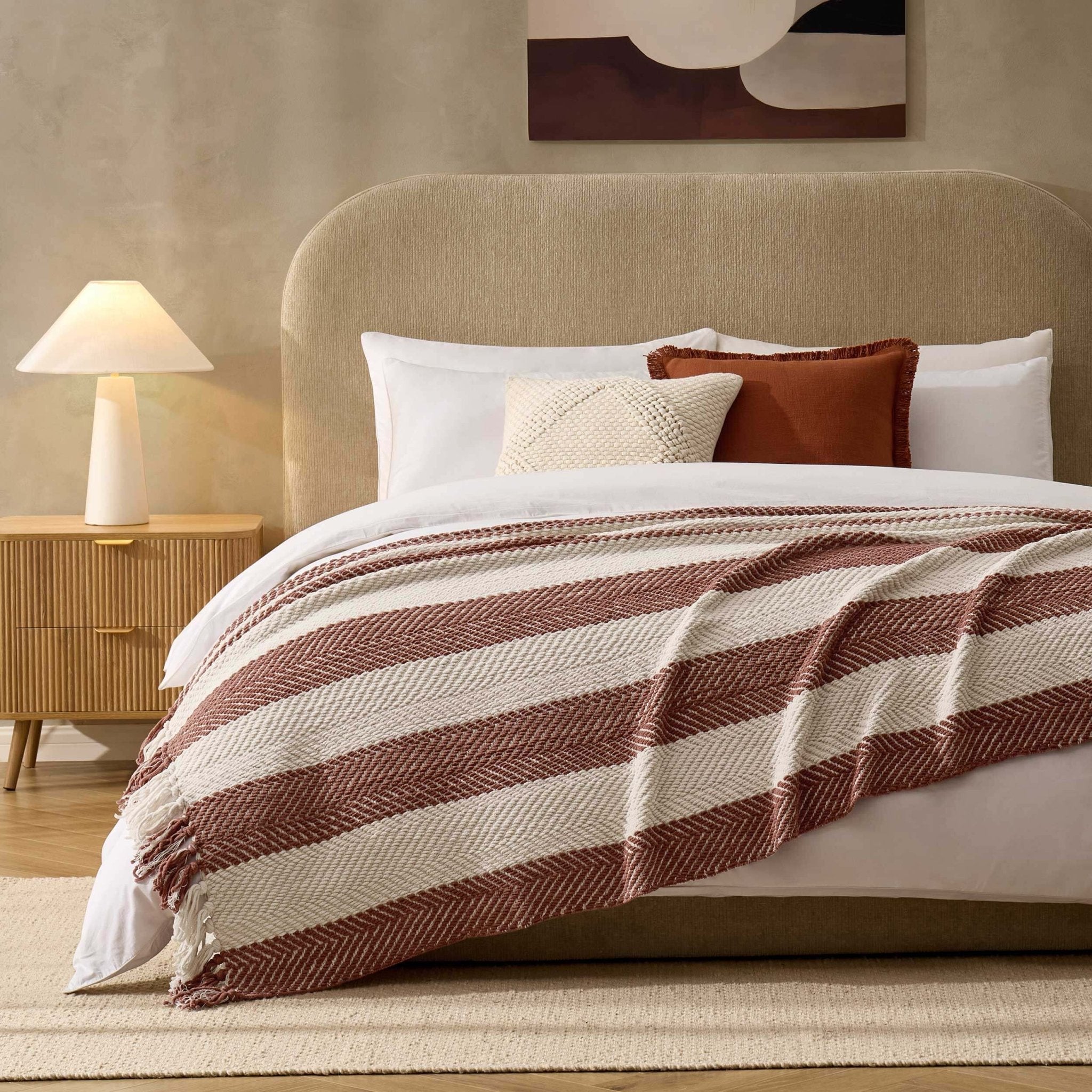 Dusklia - Chenille Stripe Tassel Herringbone Throw - Rust/Cream