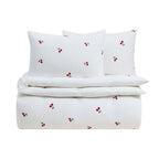 Dusklia - Cherry Embroidery Cotton Muslin Duvet Cover & Pillowcase Set - White