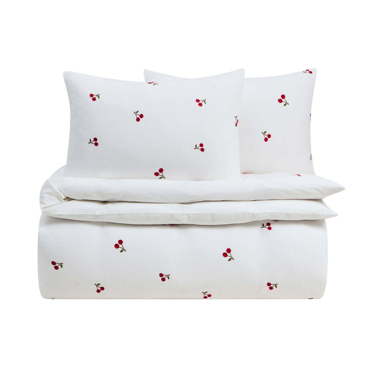 Dusklia - Cherry Embroidery Cotton Muslin Duvet Cover & Pillowcase Set - White