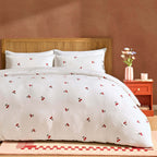 Dusklia - Cherry Embroidery Cotton Muslin Duvet Cover & Pillowcase Set - White