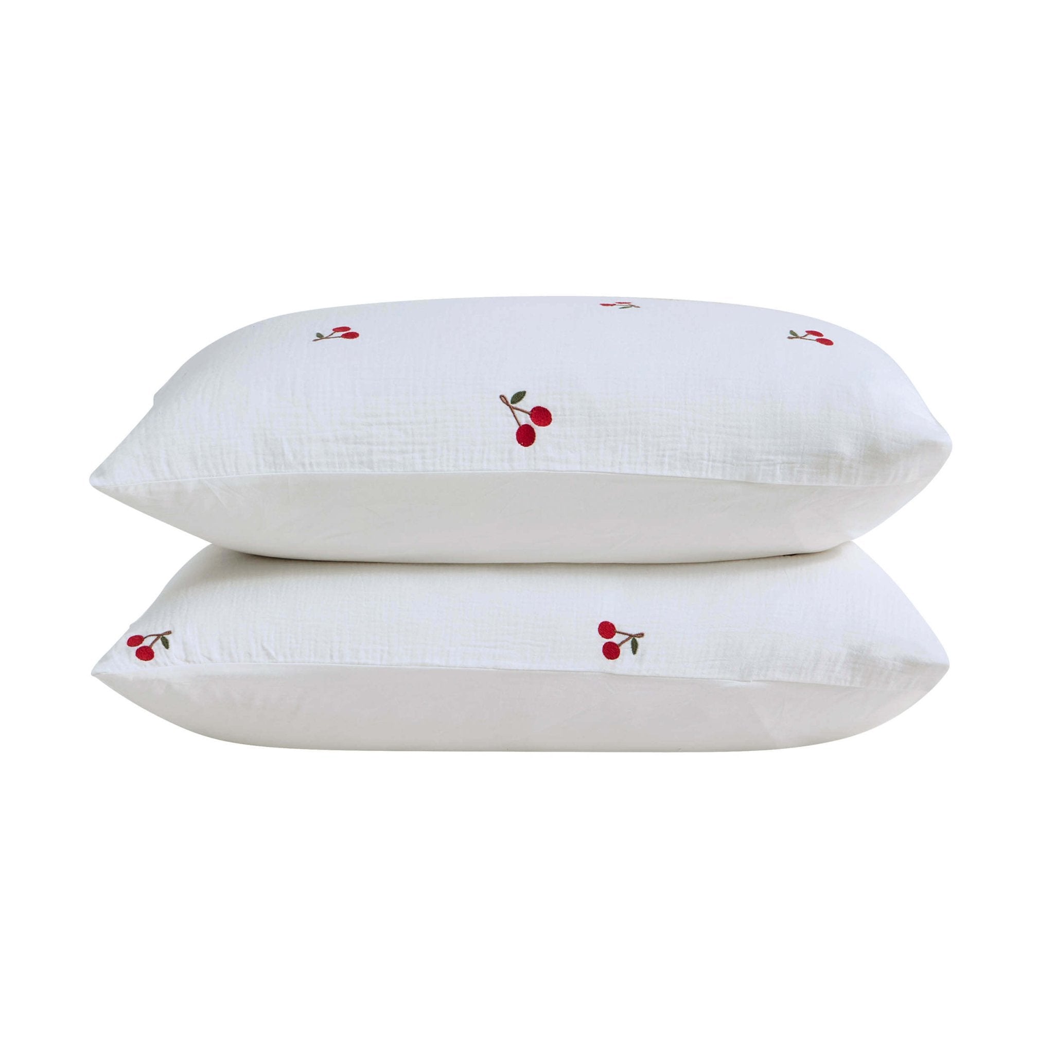 Dusklia - Cherry Embroidery Cotton Muslin Duvet Cover & Pillowcase Set - White
