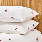 Dusklia - Cherry Embroidery Cotton Muslin Duvet Cover & Pillowcase Set - White
