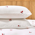 Dusklia - Cherry Embroidery Cotton Muslin Duvet Cover & Pillowcase Set - White