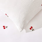 Dusklia - Cherry Embroidery Cotton Muslin Duvet Cover & Pillowcase Set - White
