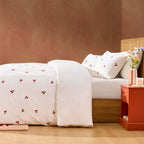 Dusklia - Cherry Embroidery Cotton Muslin Duvet Cover & Pillowcase Set - White