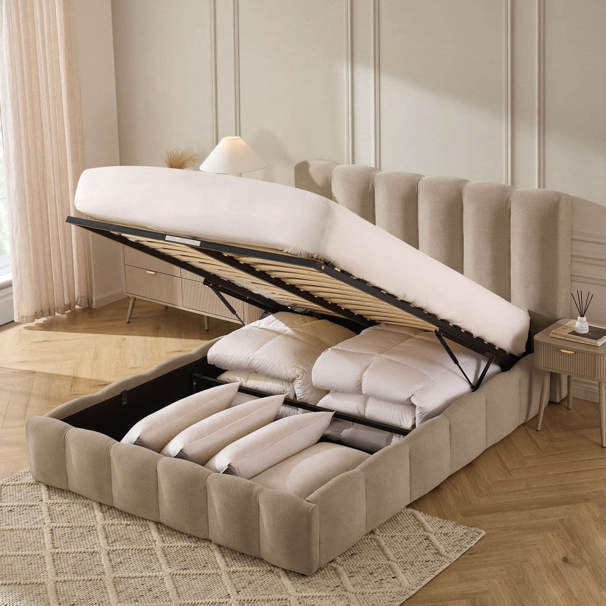 Dusklia - Cheshire Ottoman Storage Bed - Chenille Oatmeal