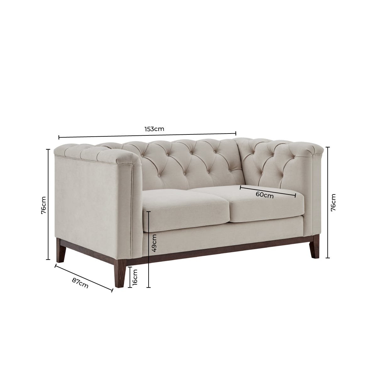 Dusklia - Chesterfield 2 Seater Sofa - Stone
