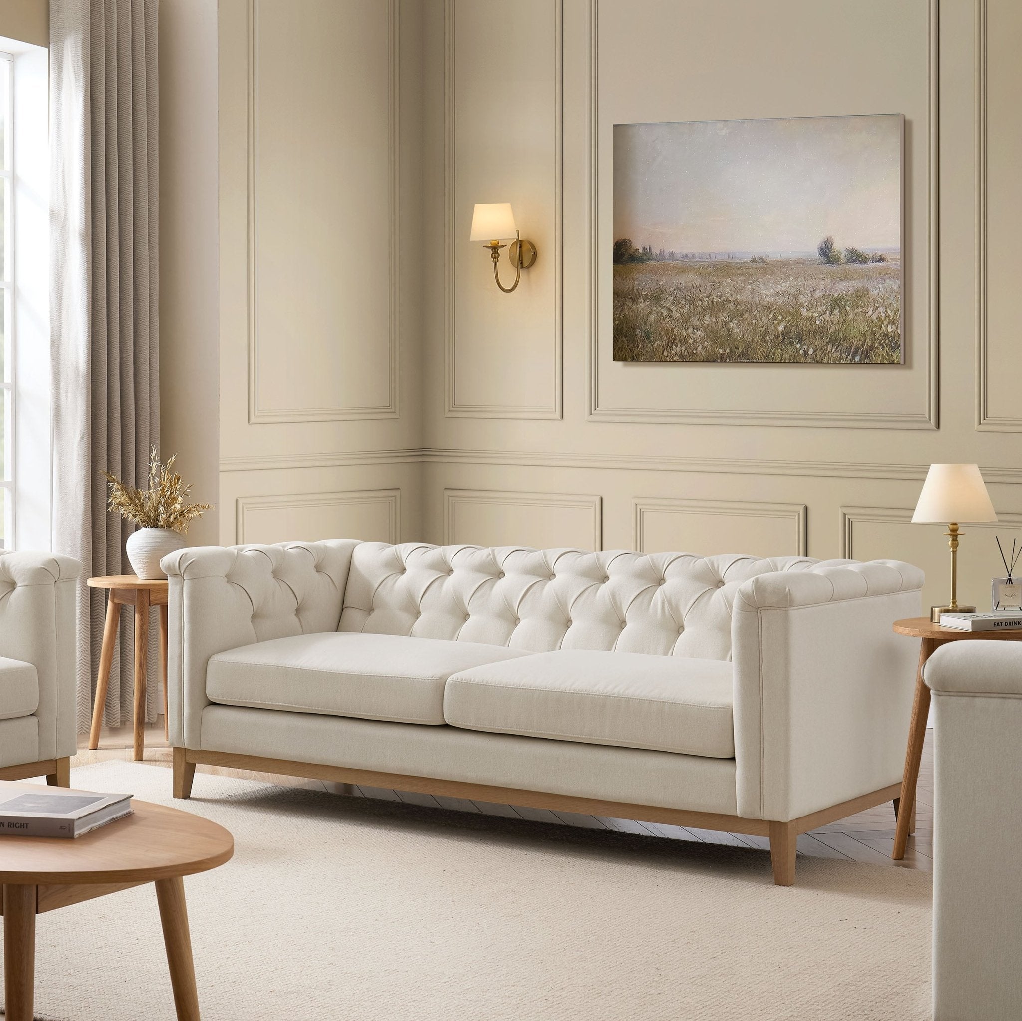 Dusklia - Chesterfield 3 Seater Sofa - Cream Linen