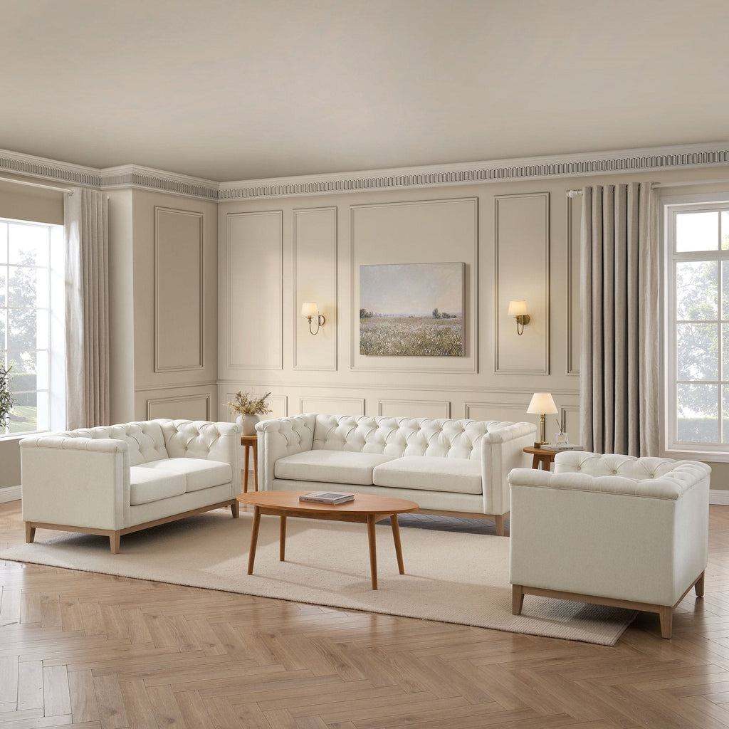 Dusklia - Chesterfield 3 Seater Sofa - Cream Linen