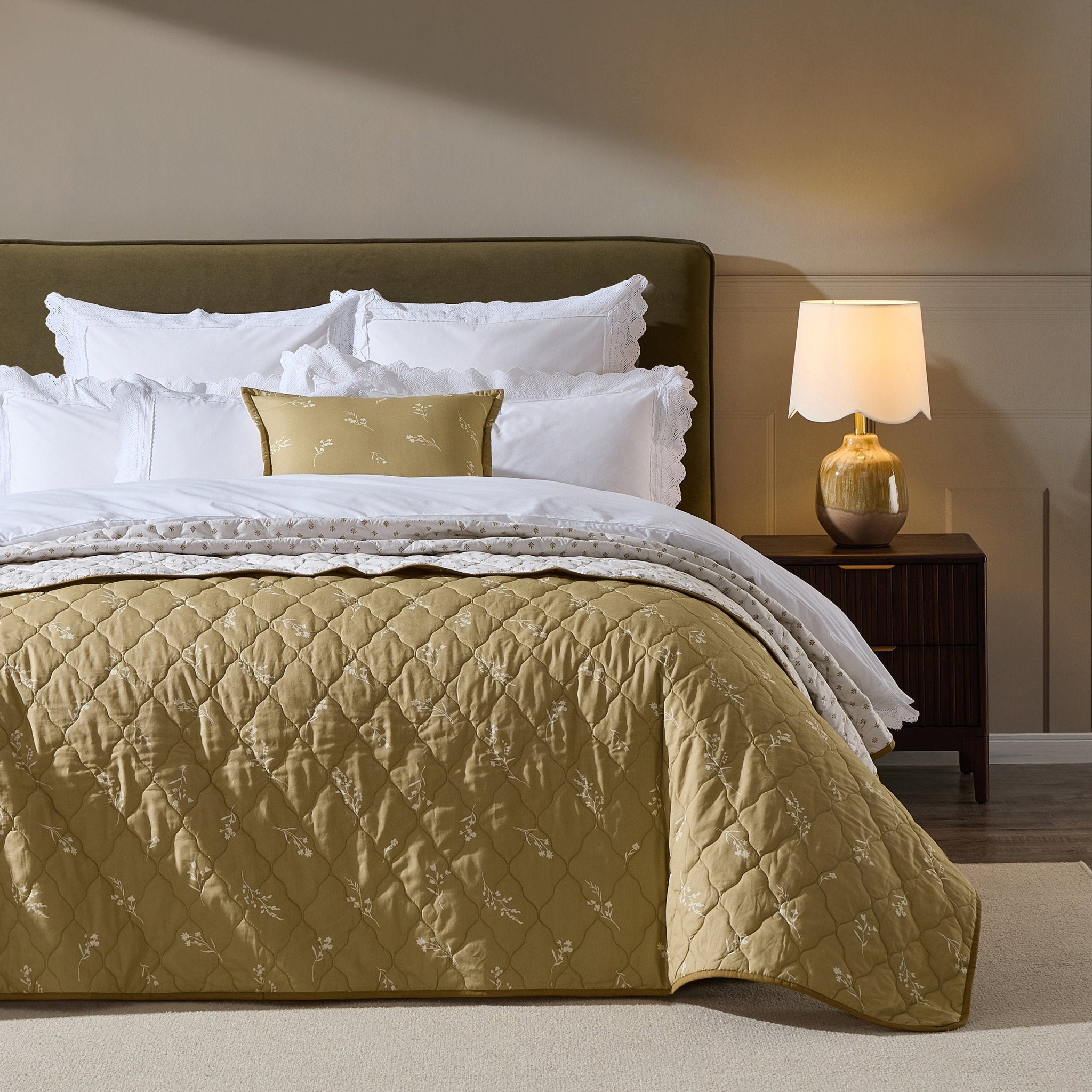 Dusklia - Chloe Reversible Quilted Floral & Foulard Print Cushion Cover - Olive