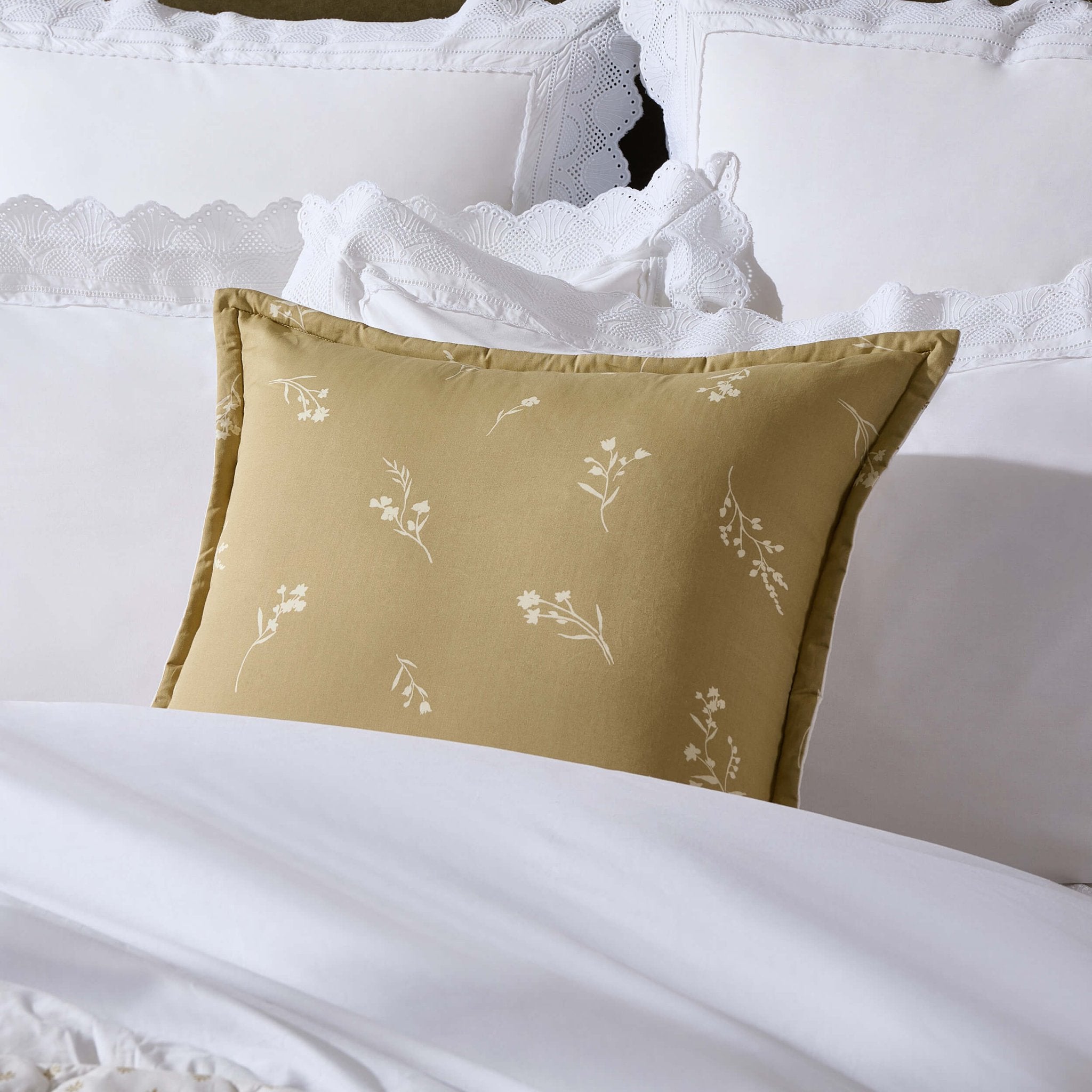 Dusklia - Chloe Reversible Quilted Floral & Foulard Print Cushion Cover - Olive