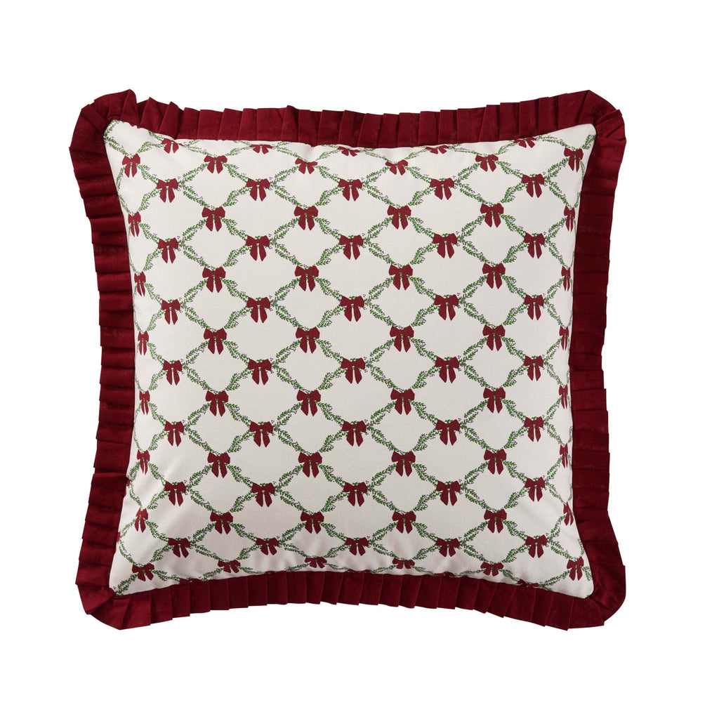 Housse de coussin en 100 % coton avec bord festonné et nœud de Noël - Bordeaux