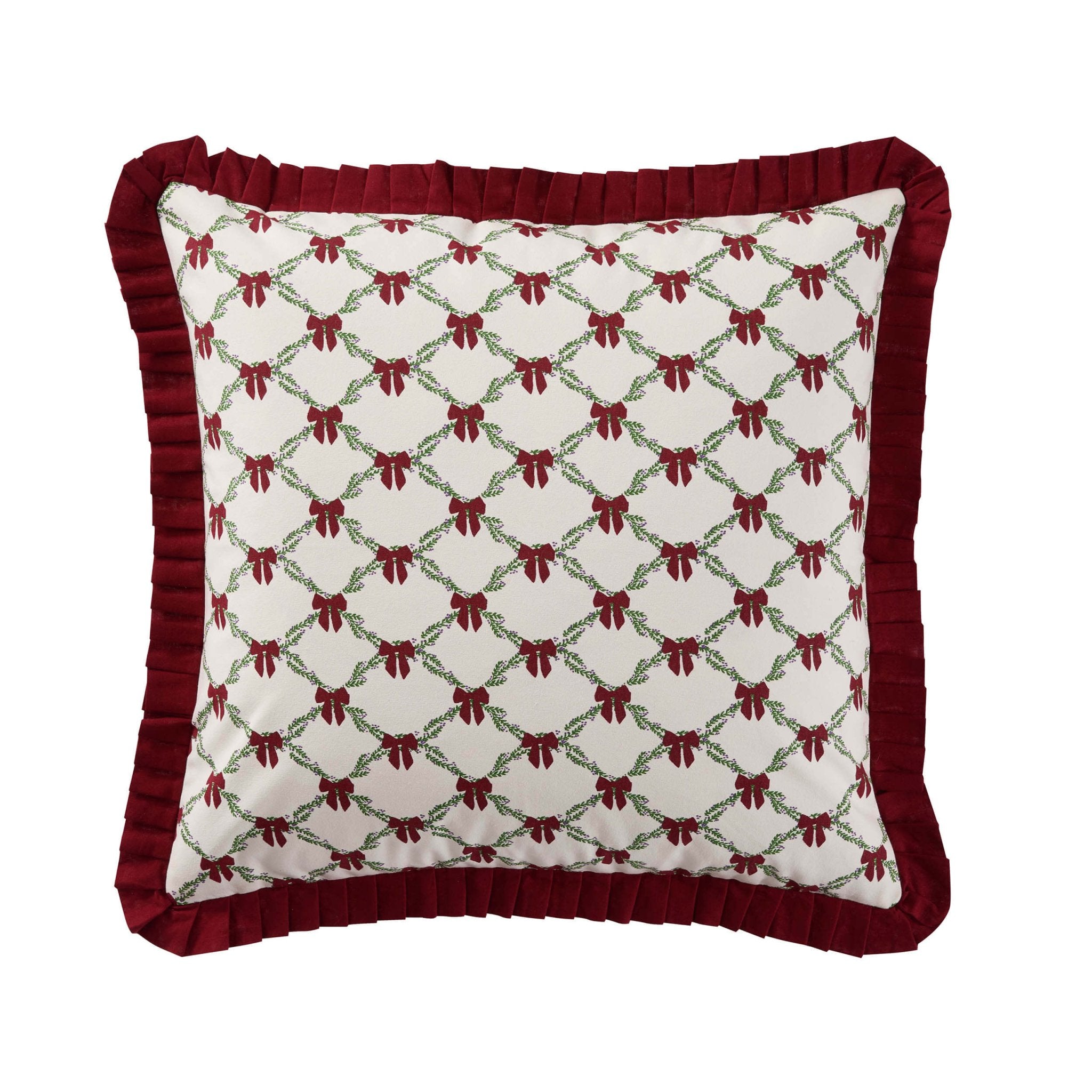 Housse de coussin en 100 % coton avec bord festonné et nœud de Noël - Bordeaux