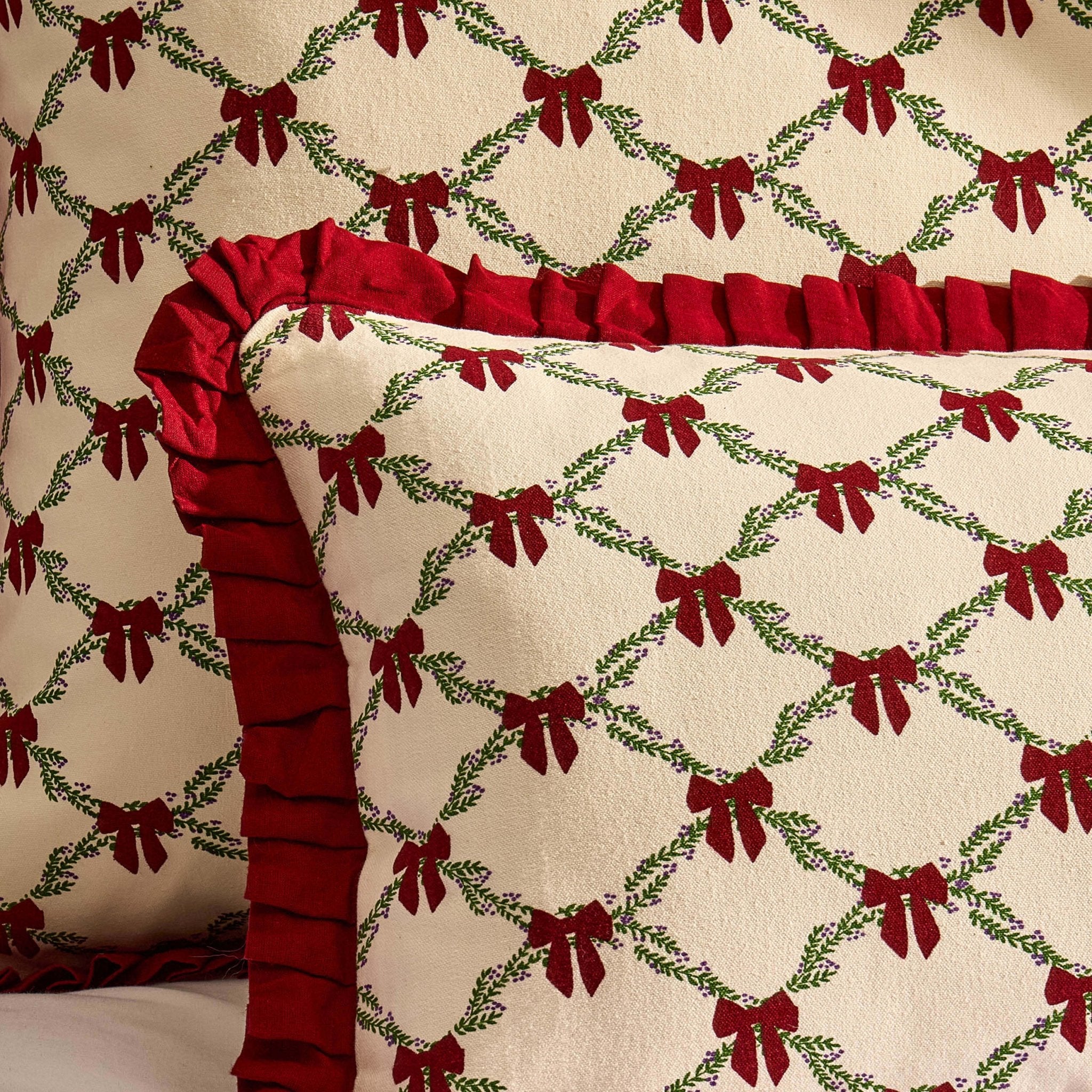 Housse de coussin en 100 % coton avec bord festonné et nœud de Noël - Bordeaux
