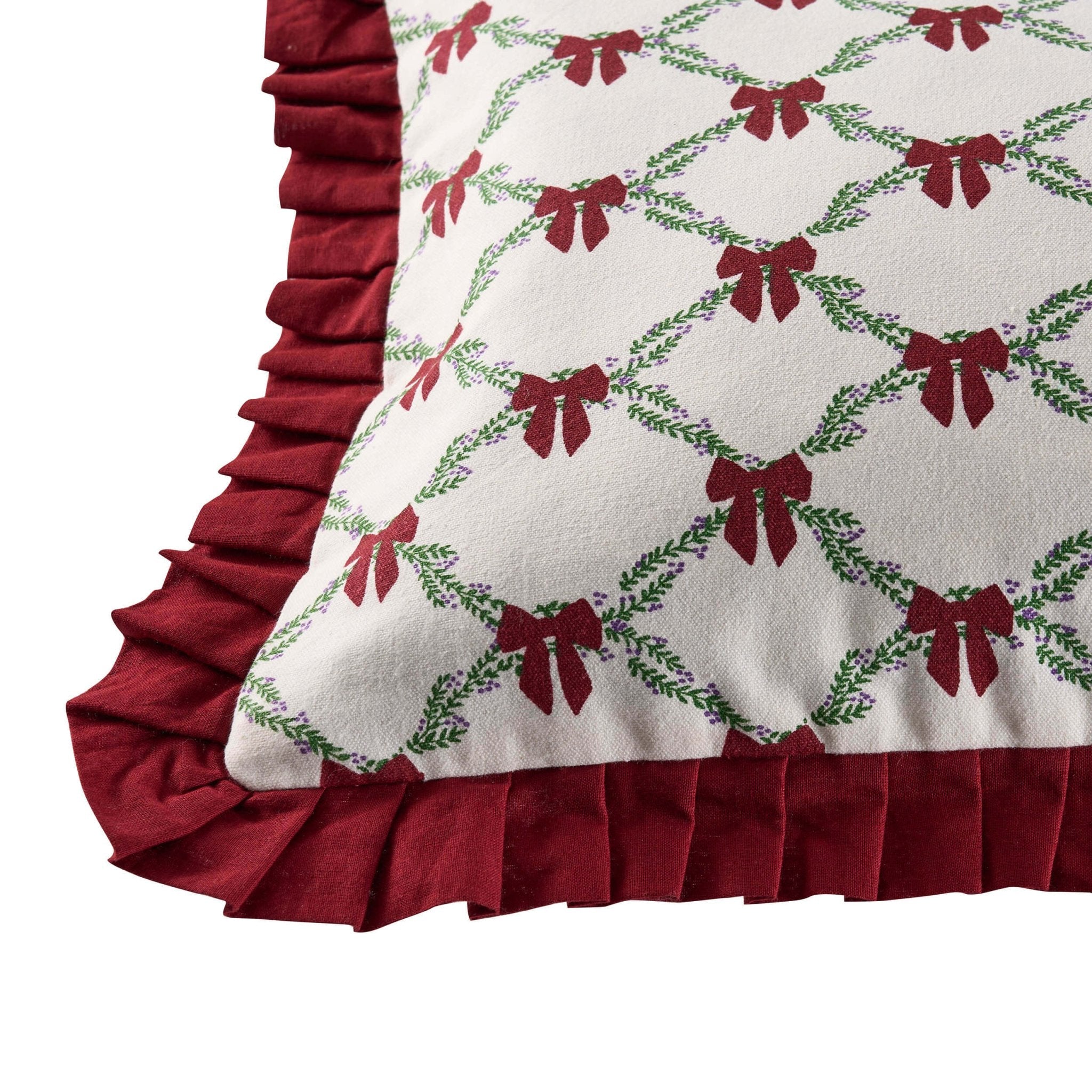 Housse de coussin en 100 % coton avec bord festonné et nœud de Noël - Bordeaux