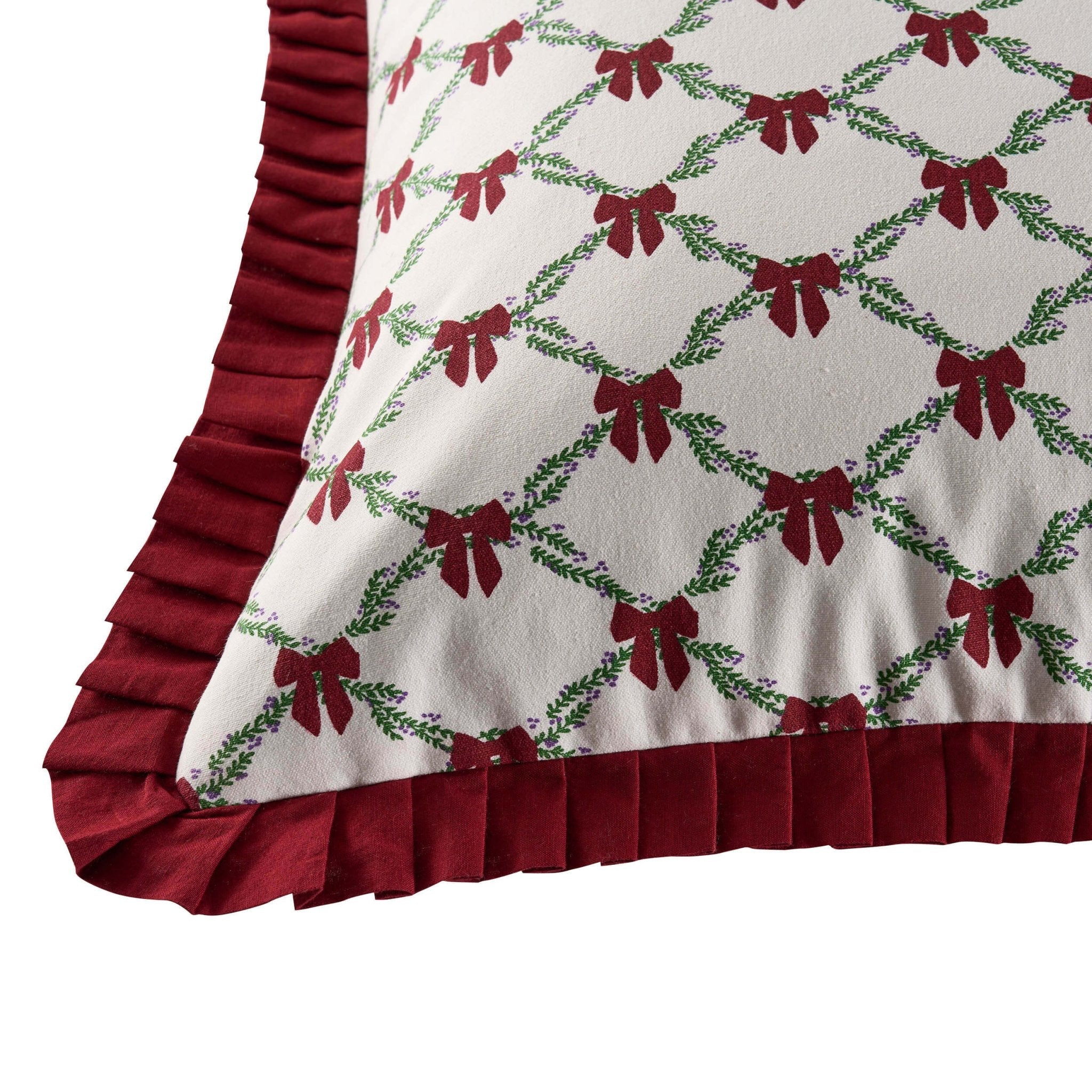 Housse de coussin en 100 % coton avec bord festonné et nœud de Noël - Bordeaux
