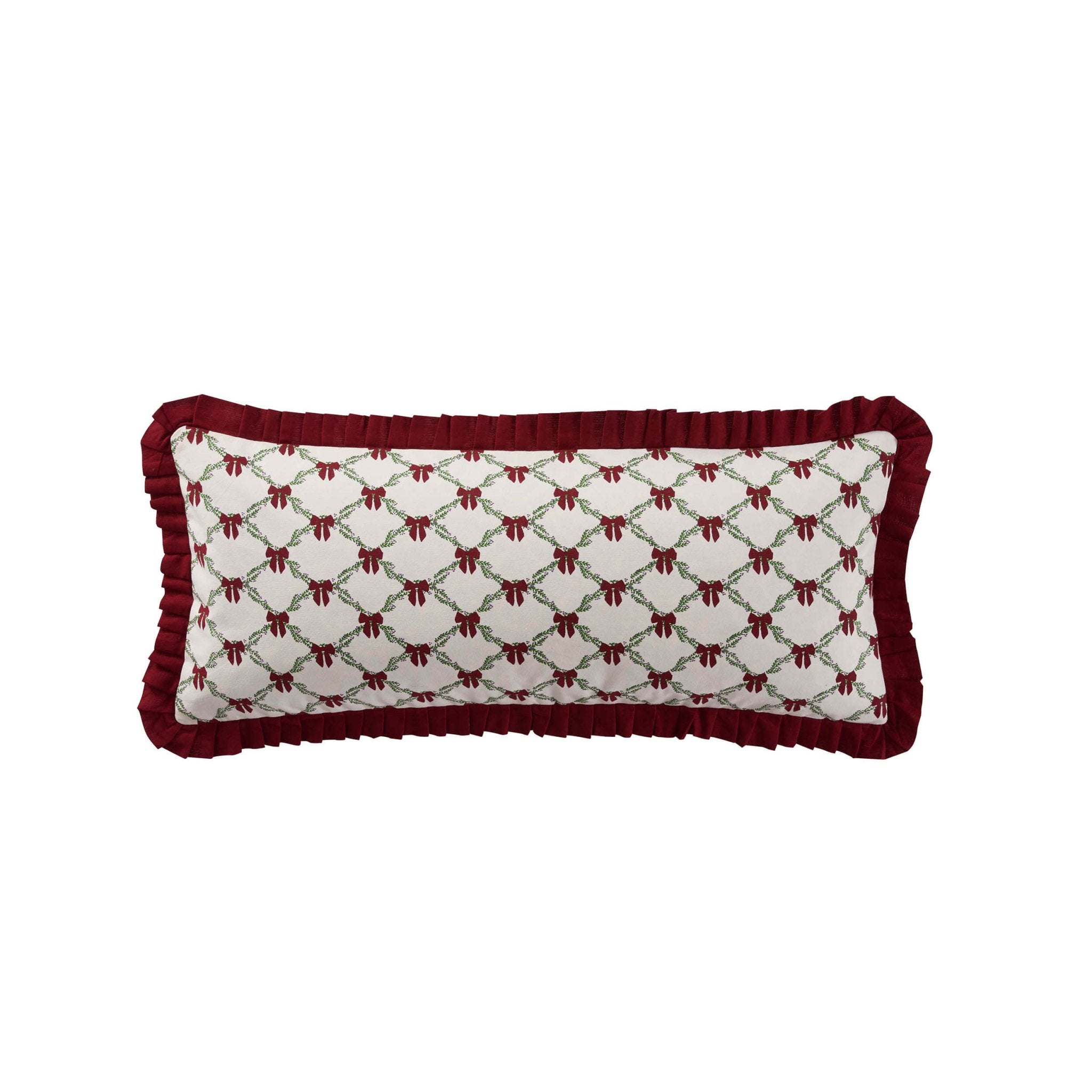 Housse de coussin de canapé en 100 % coton avec bord volanté et nœud de Noël - Bordeaux