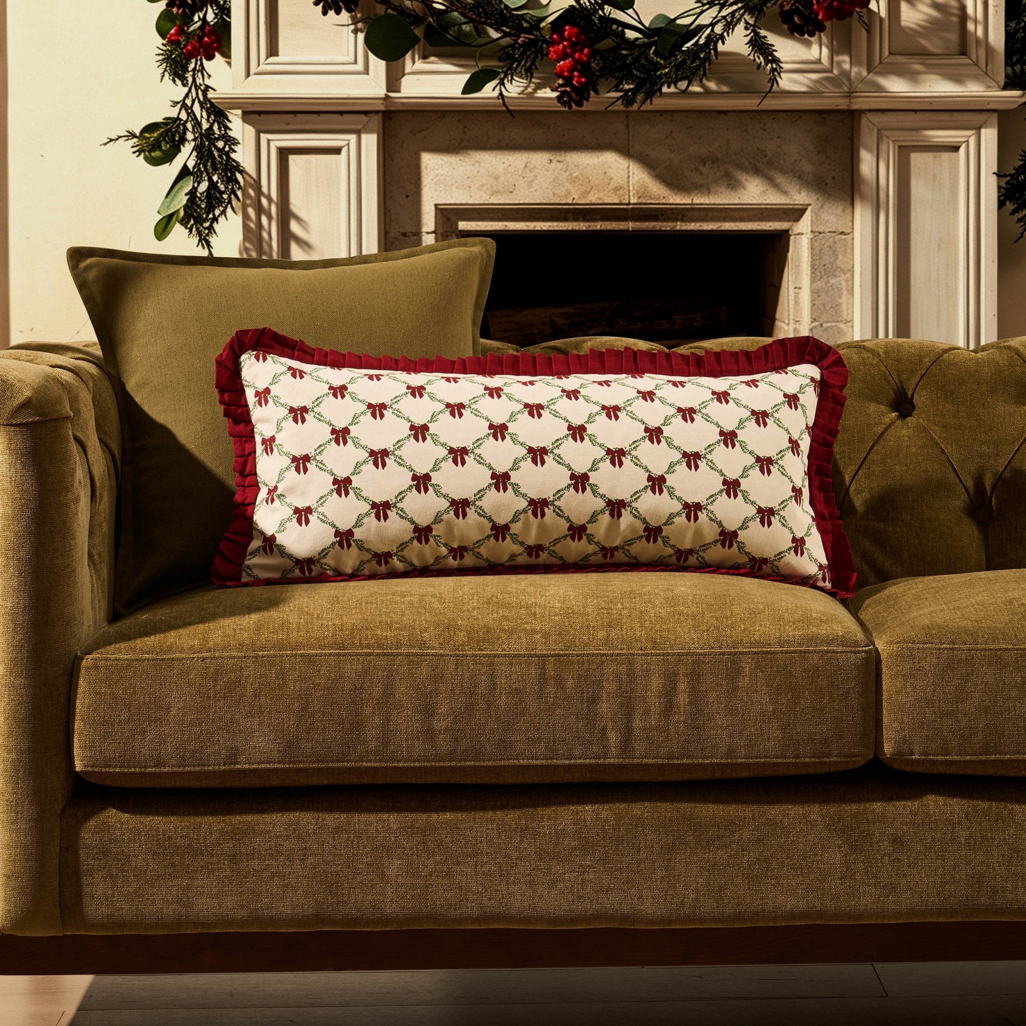 Housse de coussin de canapé en 100 % coton avec bord volanté et nœud de Noël - Bordeaux
